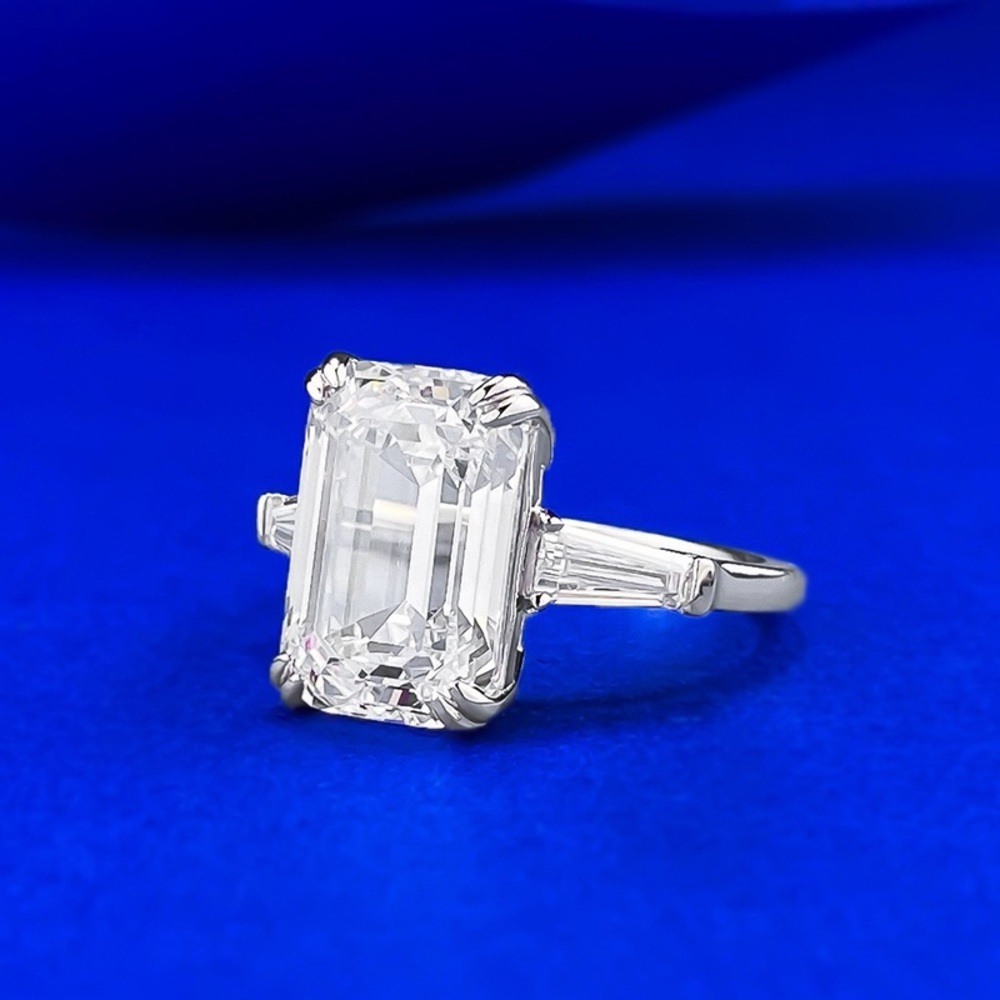 6CT Emerald Cut High Carbon Diamond Ring S925 Silver Three-Stone Engagement Ring - Picture 3 of 5